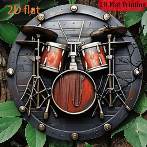 High Definition Custom Metal Wall Art Print Vintage Drum Kit Rivet Texture Round Sign Wall Decor for Music Studio Bar Bedroom Ma