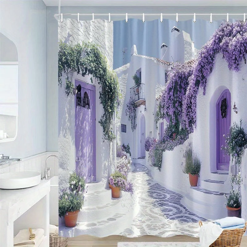 Waterproof Shower Curtain Mediterranean Style Bath Decor European Provence Lavender Floral Cottagecore Village Print