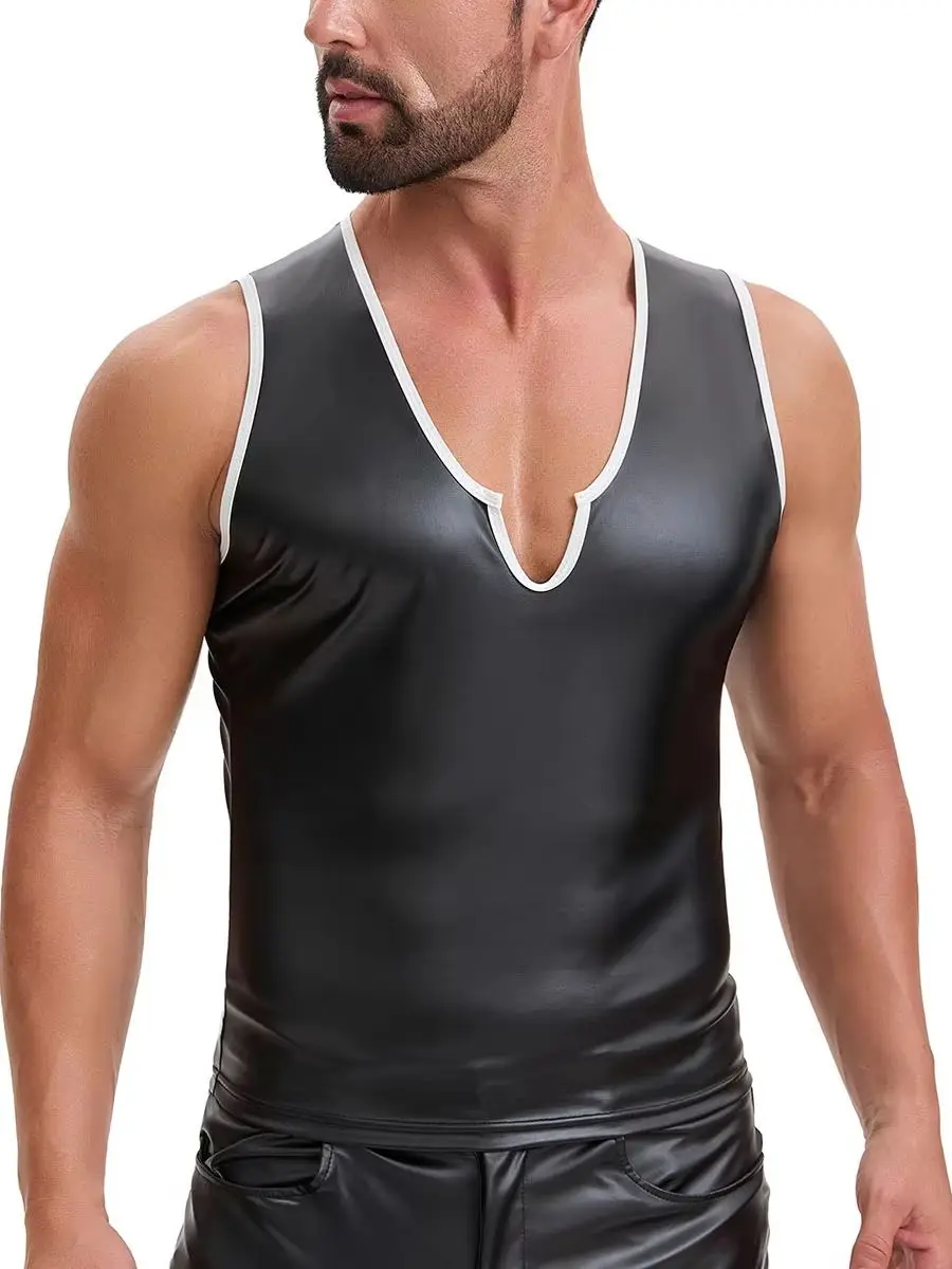 S-7XL Elastic PU Leather Tank Tops Sleeveless V-neck Shirts Tights Mens Gym Fitness Tanktop Bodybuilding Shapers Vest Waistcoat