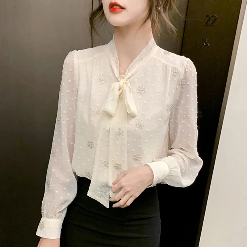 Long Sleeve Blouse Women Blusas Mujer De Moda 2024 Bow Collar Chiffon Blouse Shirt Women Clothing Tops Women Blouses Blusa E398