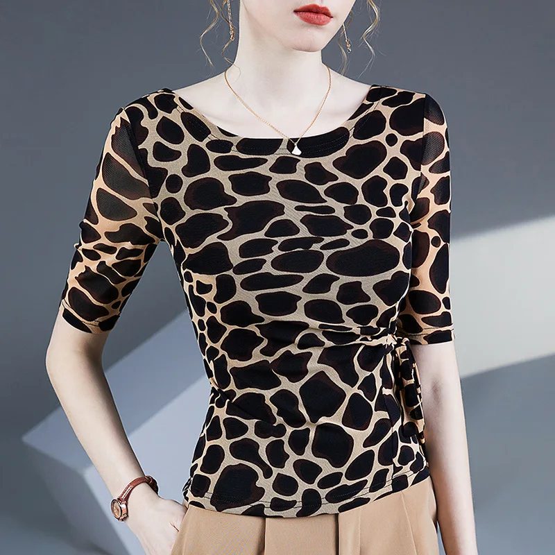 ملابس الرقص النسائية الأعلى ليوبارد طباعة الرباط اللاتينية السامبا الأوسط الأكمام أعلى ممارسة الزي شبكة قميص خط الرقص قمم للنساء