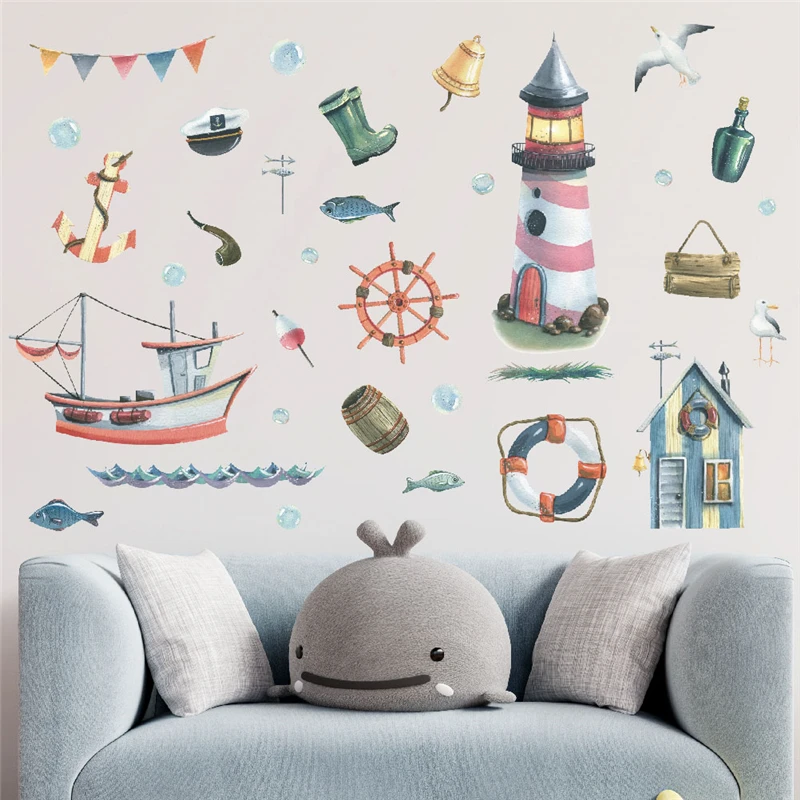 Cartoon Boat Lighthouse Harbor Wall Sticker For Kids Room Home Decoration Diy Seaport Scenery Mural Art Home Decal Pvc Posters