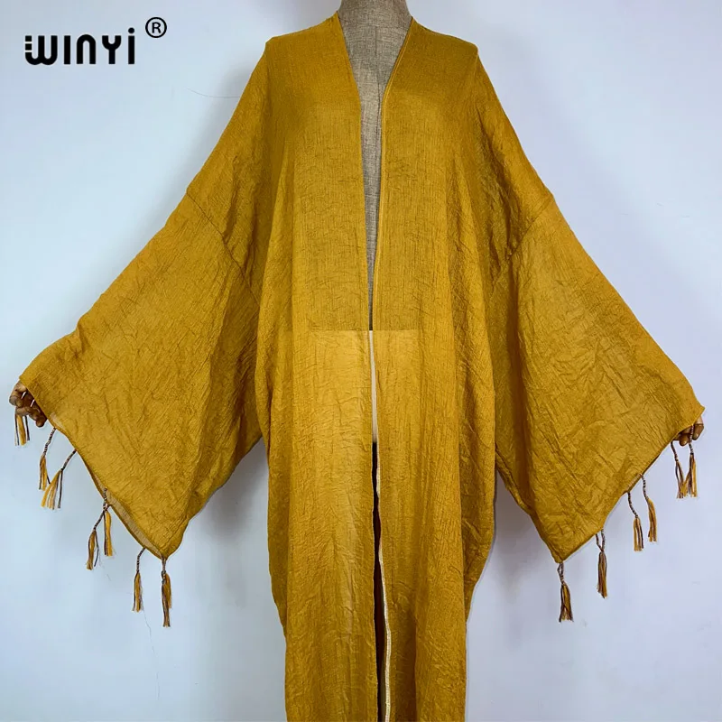 WINYI kimono Africa coat fashion kaftans beach cover-ups Fringed monochrome cardigan beach outfits for women vestidos para playa