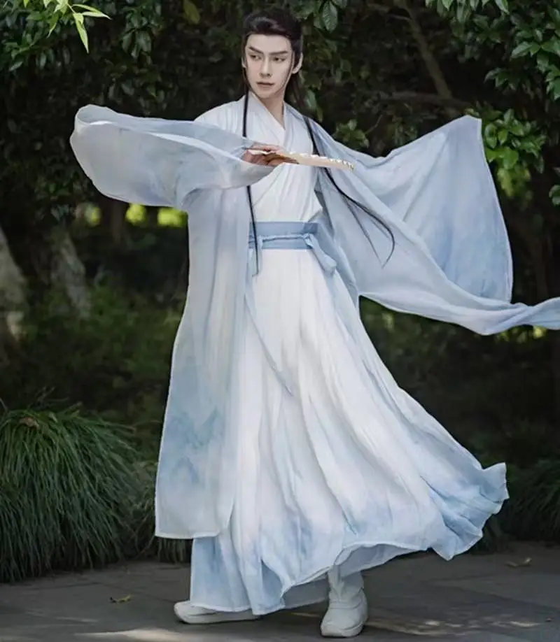 Classic Water Dying Hanfu Dress Set Men Women Wijin Period Cross Collar Costume Ancient Chinese Fairy Printing Cosplay Clothing