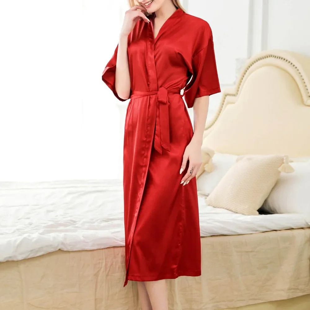 

Womens Satin Comfortable Soft Long Robe Wedding Dressing Gown Sleepwear Lingerie Simulation Silk Bathrobe Solid Nightdress