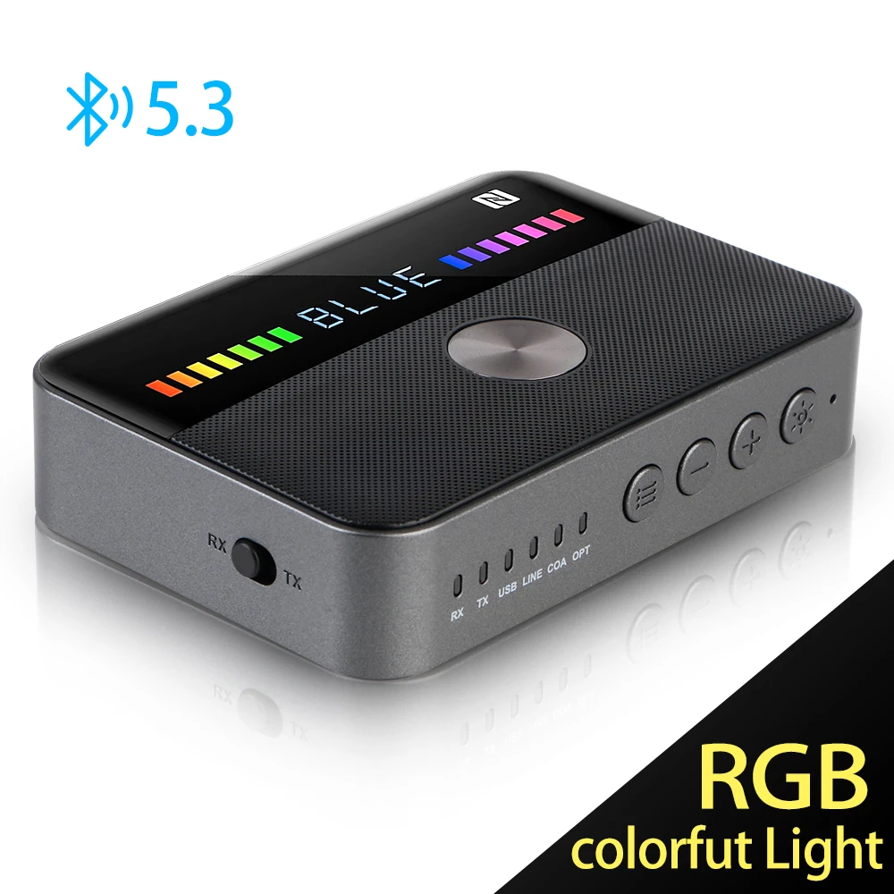 

3.5MM AUX RCA Coaxial Optical USB Audio Receiver Transmitter Wireless Adapter Bluetooth 5.3 RGB Colorful Light NFC DAC Converter