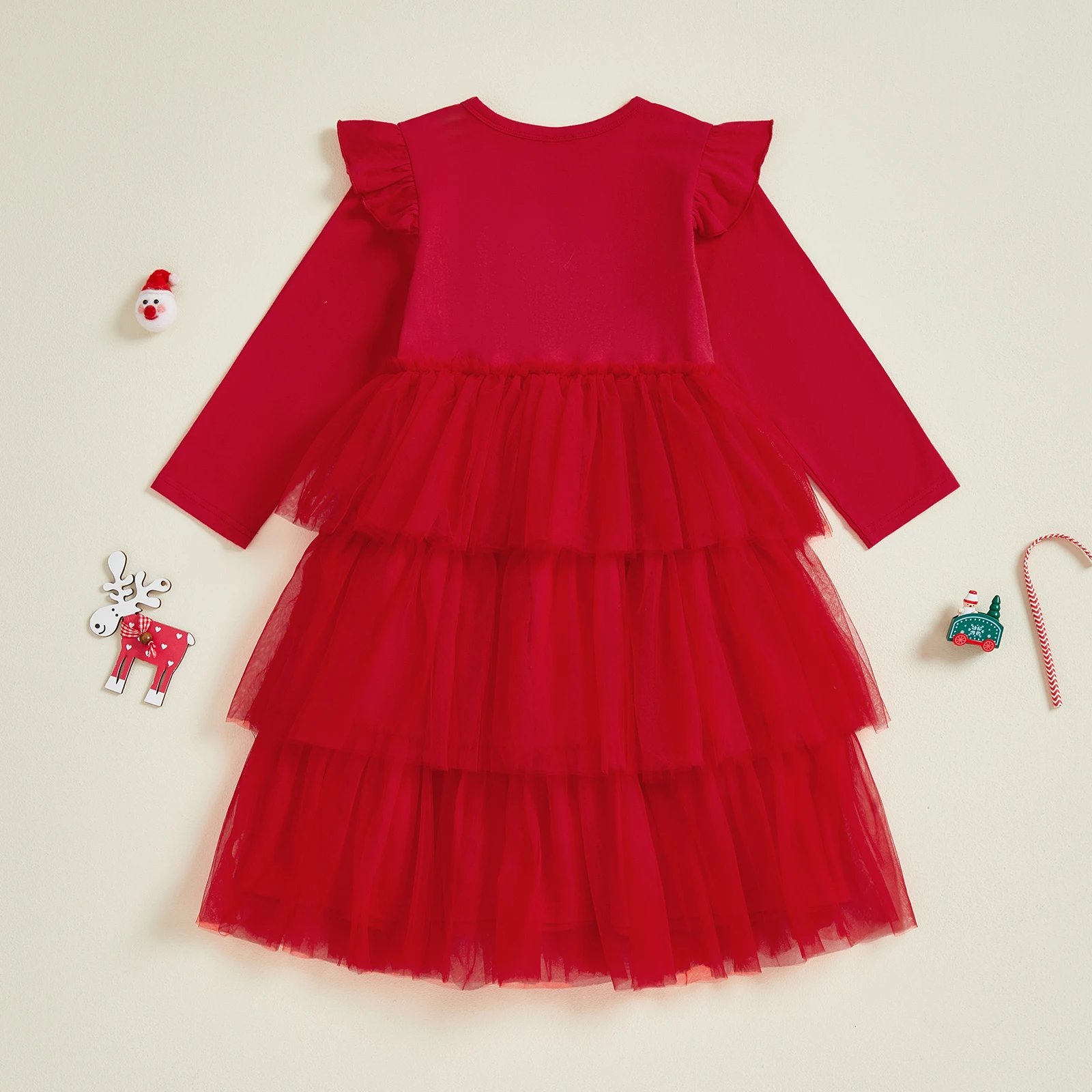 فستان كعكة عيد الميلاد للفتيات الصغيرات فستان سانتا كلوز غزال ديكور رقبة دائرية وأكمام طويلة من التول المرقعة فستان الأميرة