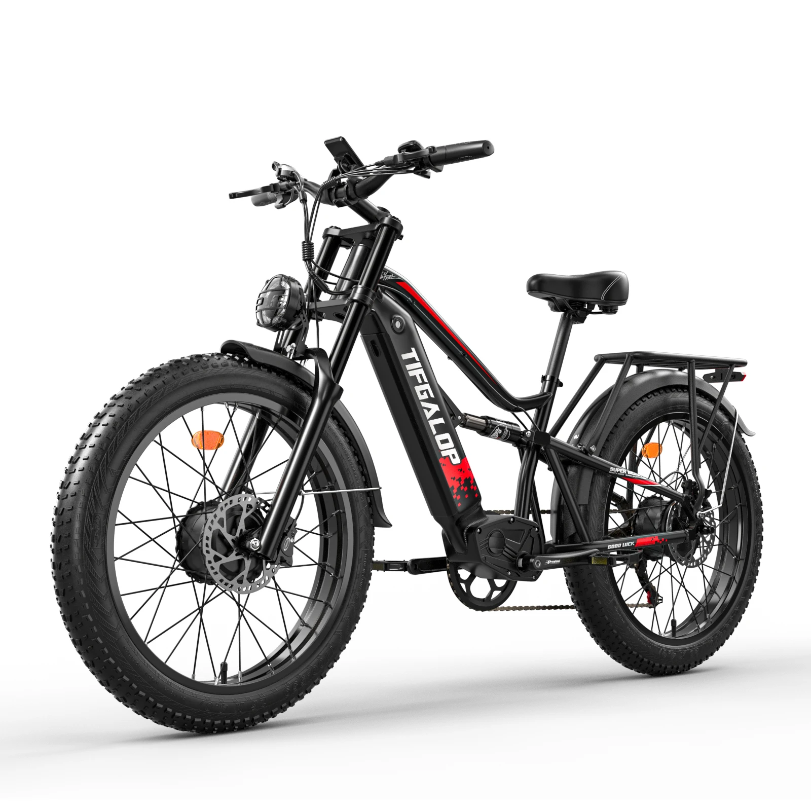 Tifgalop elektrische fiets voor volwassenen, 26 inch elektrische fiets voor alle soorten terrein, dubbele schokdemping, 7 versnellingen, 51V 21Ah lithiumbatterij, actieradius tot 40-80 km.