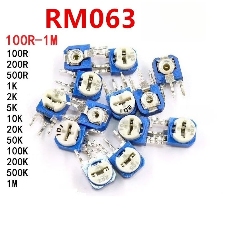 RM063 Trimmer Potentiometer 100Pcs 13 Values 100Ω-20K Vertical Adjust for DIY