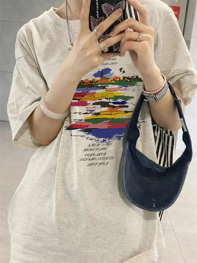 루즈핏 코튼 반팔 티셔츠 여성용 오버사이즈 편안한 아메리칸 레이지 스타일 커플룩 패션 반팔 여름 상의