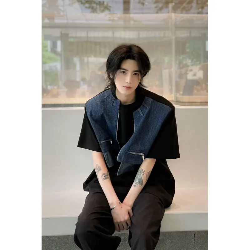 

Retro American Denim Patchwork ort Sve Men's T-irt Summer Design Sensation Fake Two-Piece Trendy f Sve