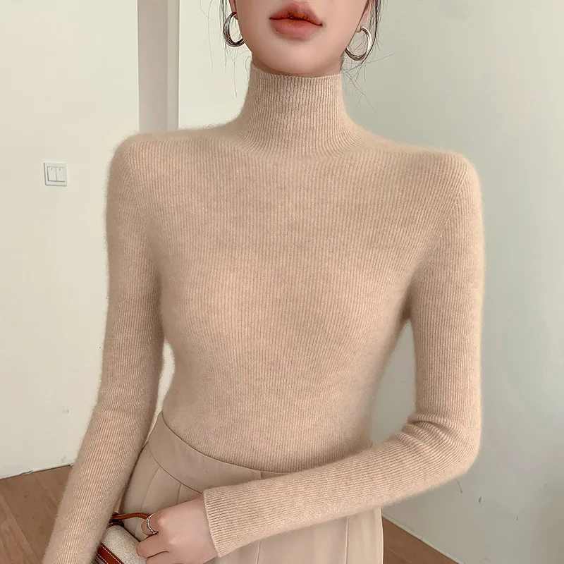 Suéter básico de Cachemira para mujer, jersey de cuello alto de lana merina, suave y delgado tejido de punto, novedad de otoño e invierno, 100%