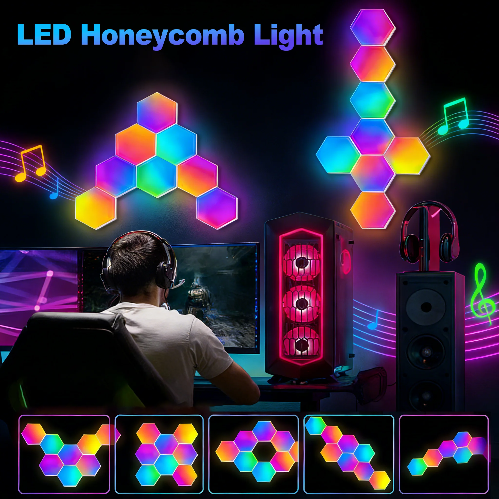 

DIY Hex Wall Light RGB Smart Color-Changing Ambient Night Light with Music Rhythm Smart Lamp for Game Room Bedroom 5V LED LIGHT