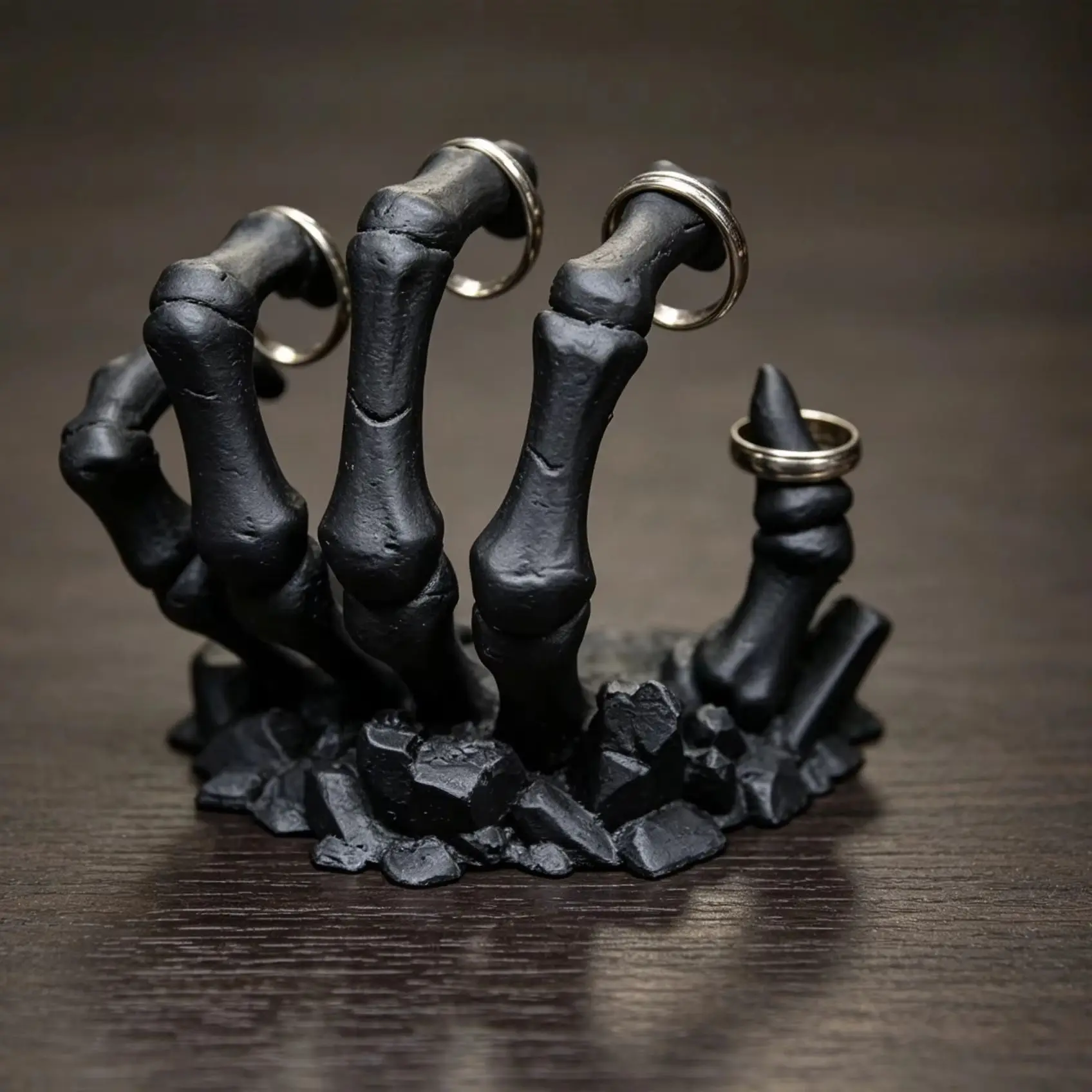 Gothic style skeleton hand central ornament, 3D printed rock base skeleton palm ring storage rack, Halloween desktop ornament