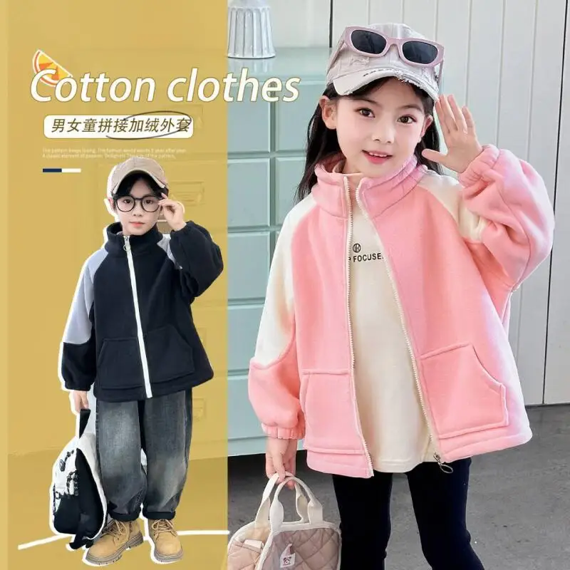 

Детские осенне-зимние куртки на молнии с капюшоном, утепленное флисовое пальто с двойным флисом для мальчиков и девочек, детские теплые топы, верхняя одежда, ветрозащитная