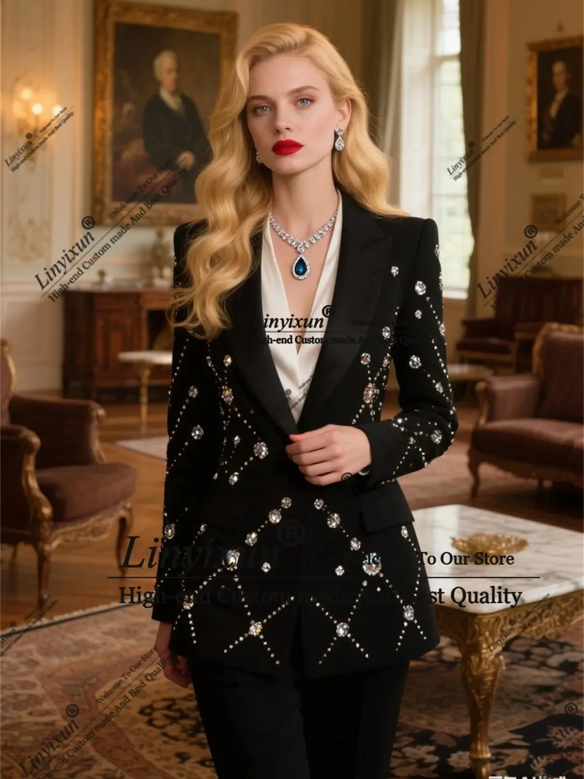 

Sparkly Beaded Crystal Ladies Pant Suits Women Prom Blazer 2 Pieces Formal Office Uniform Style Female Trouser Customized