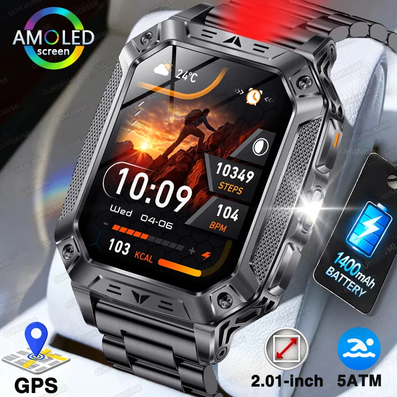 

2026New 2.01"AMOLED Screen GPS Smart Watch 1400mAh Large Battery 5ATM Outdoor hiking tracker Dual-color Lamp Military Smartwatch