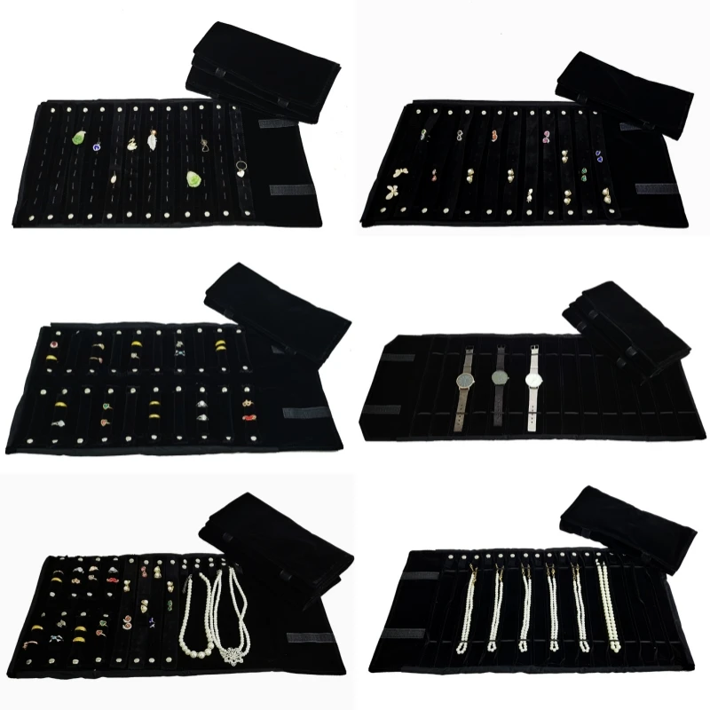 All Black Velvet Series Jewelry Roll Bag Ring Earring Stud Holder Necklace Bracelet Watch Organizer Portable Jewelry Roll Bag