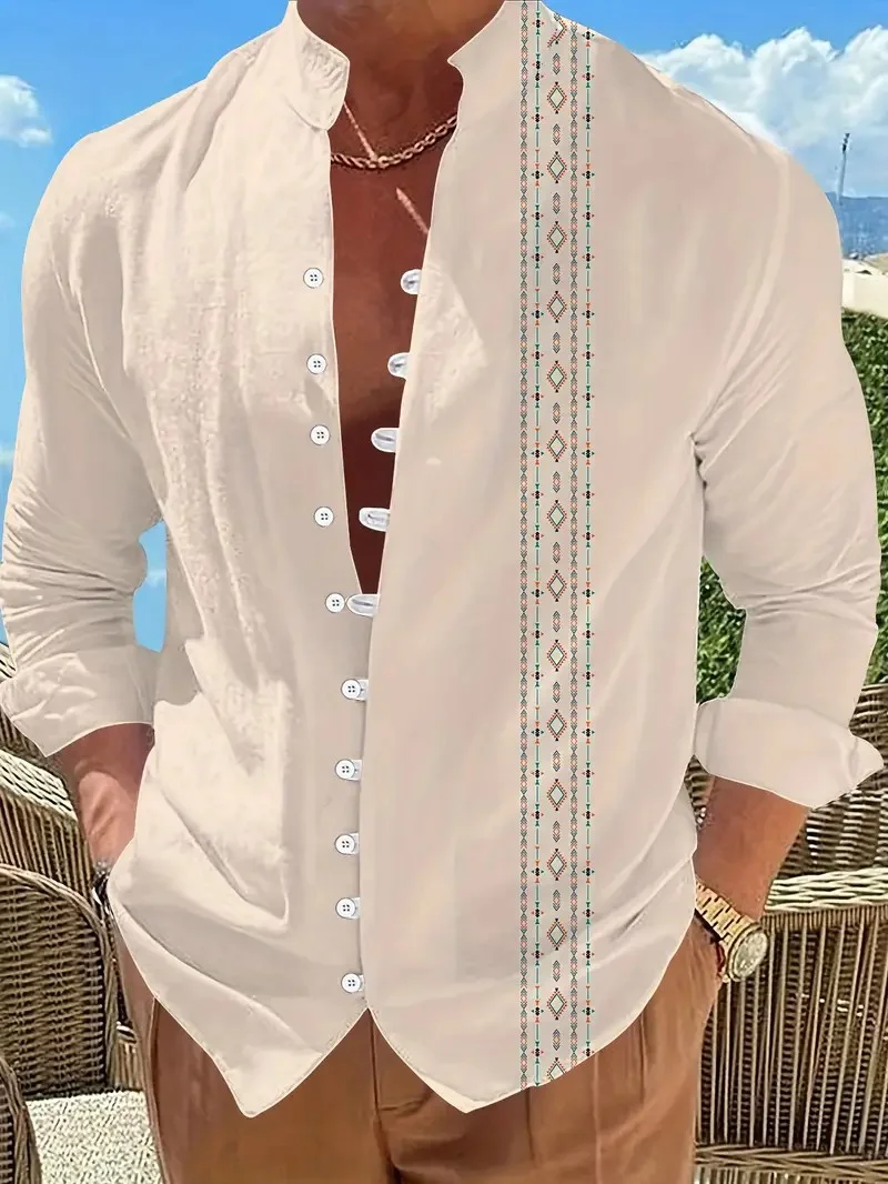 New men's linen short-sleeved shirt, fashionable, retro style, ethnic totem print, comfortable and breathable, men's top2026