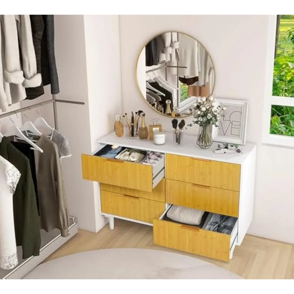 

Dresser, 6-drawer Chest of Drawers with Blonde Handles, Wooden Storage Cabinet for Living Room, Hallway, Bedroom Dresser