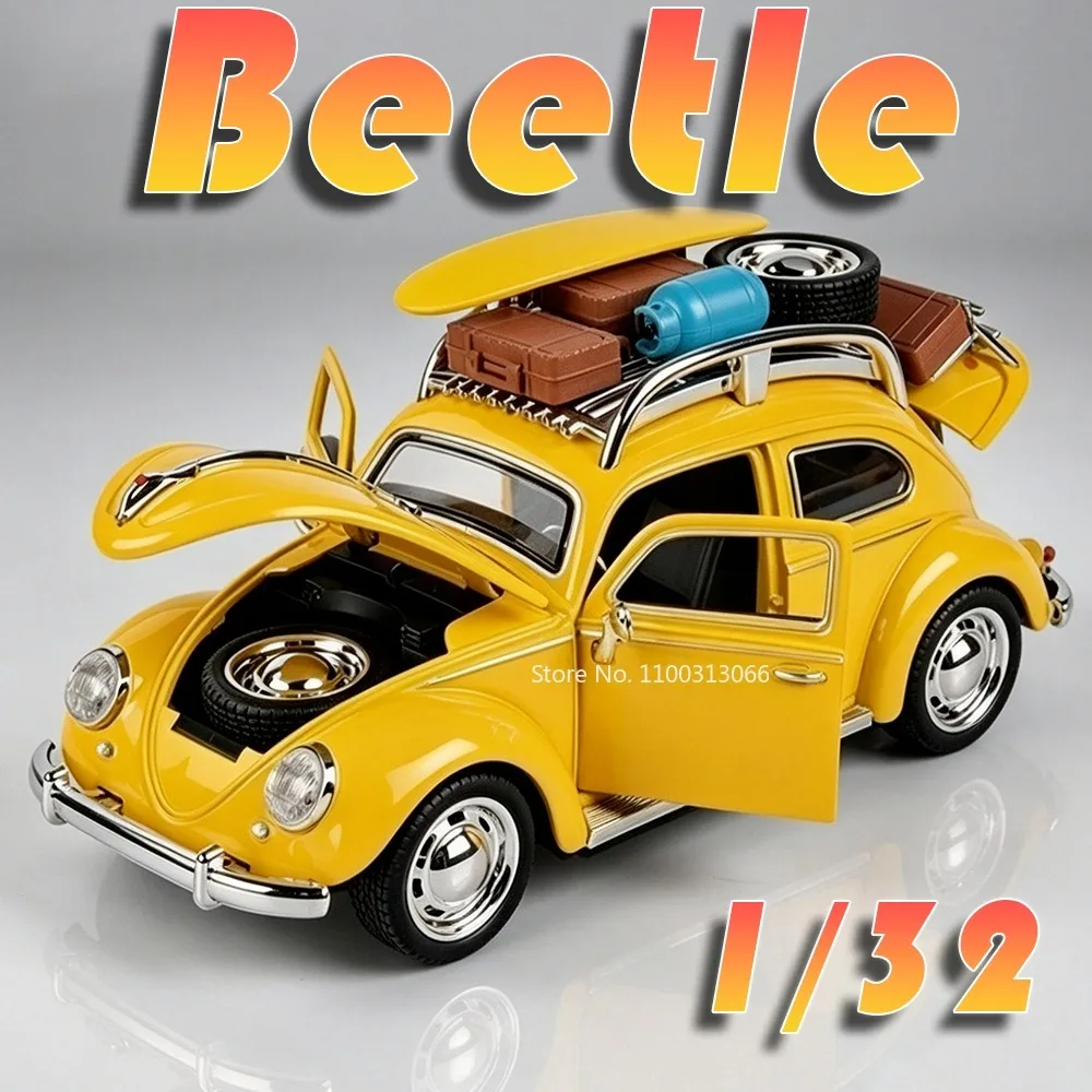 1:32 Scale Beetle Models Toy Off-road Car Alloy Diecast Doors Opened Rubber Tires Sound Light Pull Back Decoration Vehicle Model
