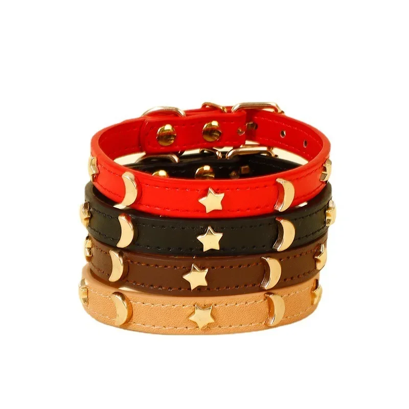 Cute Cat Collar Soft Leather Pet Collars For Small Dog Kitten Puppy Necklace Cat Accessories  Star Moon Rivets Decoration XS-M