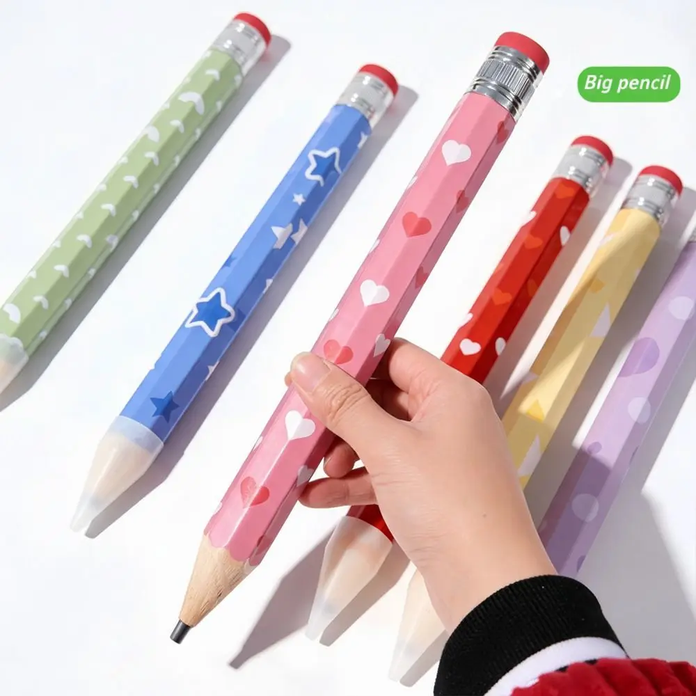 

Funny Wooden Big Pencil 34CM with Eraser Stationery Pencil Heart Geometric Printed Huge Pencil Performance Prop