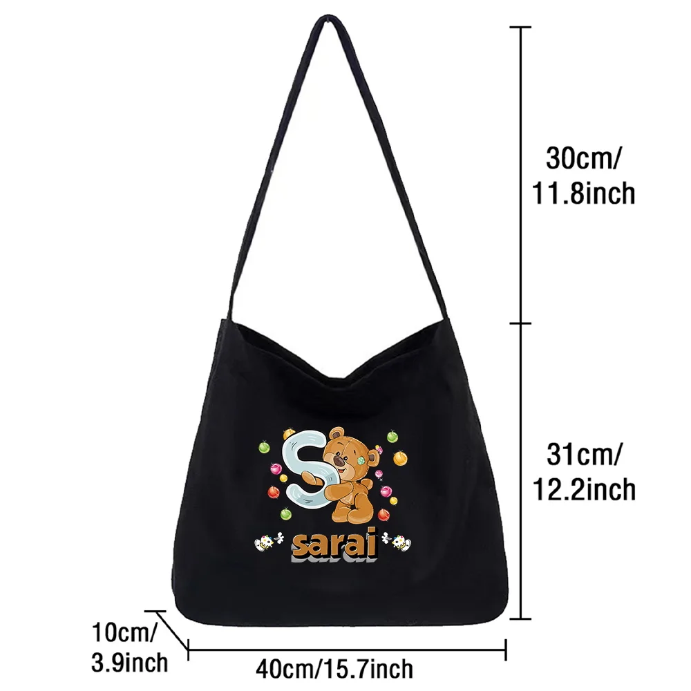 Personalized Customization Name Shoulder Bag Canvas Handbag Black Women's Commuter Bag Cartoon Pattern Series