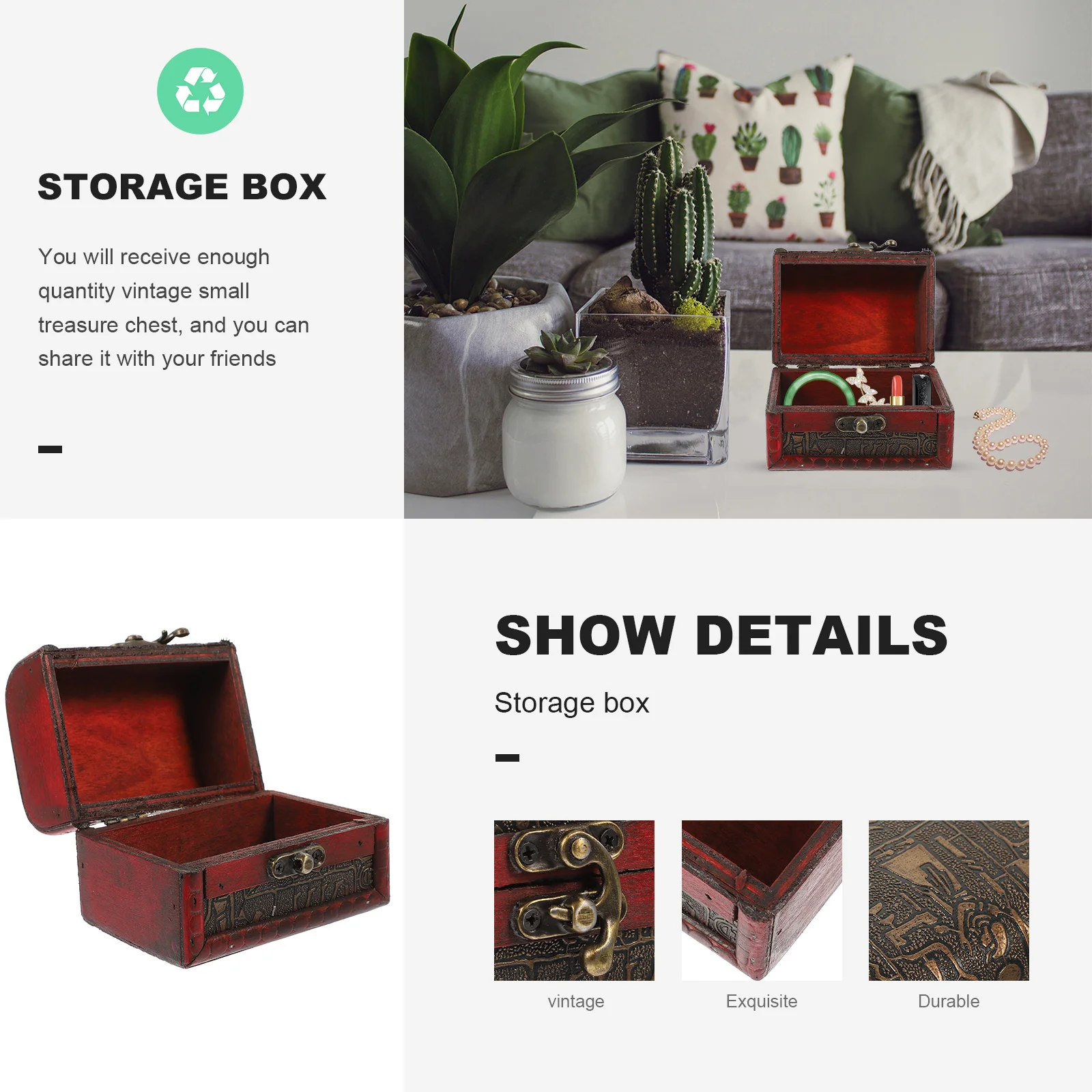 2Pcs Vintage Small Jewelry Storage Box Wooden Treasure Chest Retro Organizer Case for Rings Earrings Jewelry Holder Display