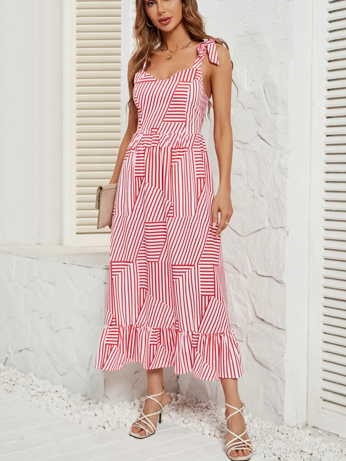 

Red Stripe Print Women's Dress V-neck Printed Ruffle Edge Camisole Dress Suspender Backless Long Skirt 2024 New Vacation Dress