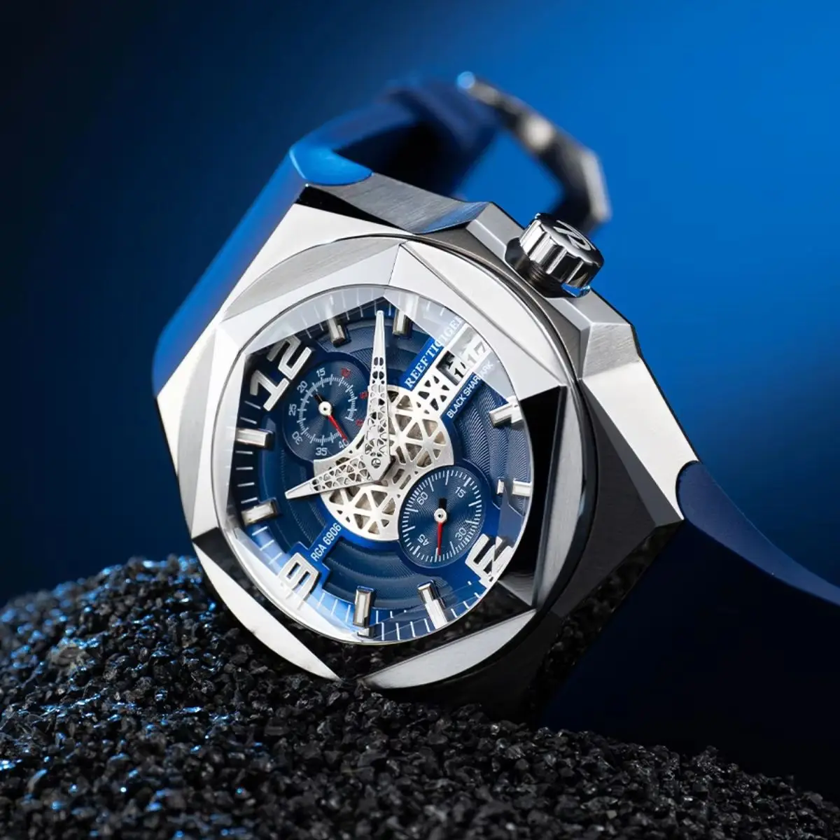 

Reef Tiger Мужские автоматические часы 43 мм Механические наручные часы Светящийся сапфир Шестиугольный безель Башня Кран Циферблат Резиновый ремешок