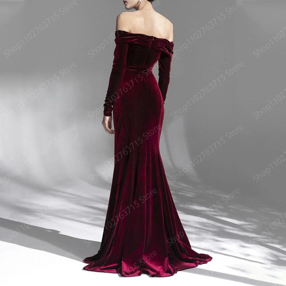 Elegant Long Burgundy Evening Dresses for Women Velour Floor-Length Mermaid Prom Party Wedding Gala Special Events Dress 2024