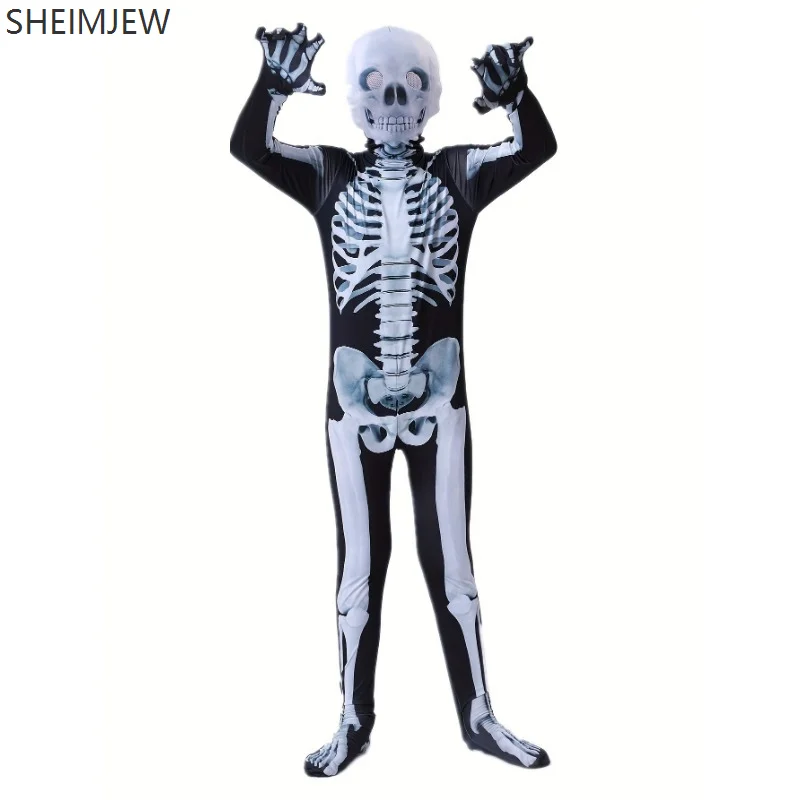Costume da scheletro di Halloween per ragazzi Body stampato in 3D con maschera di teschio Costume horror Set di scheletro per festa di carnevale con personaggio del diavolo