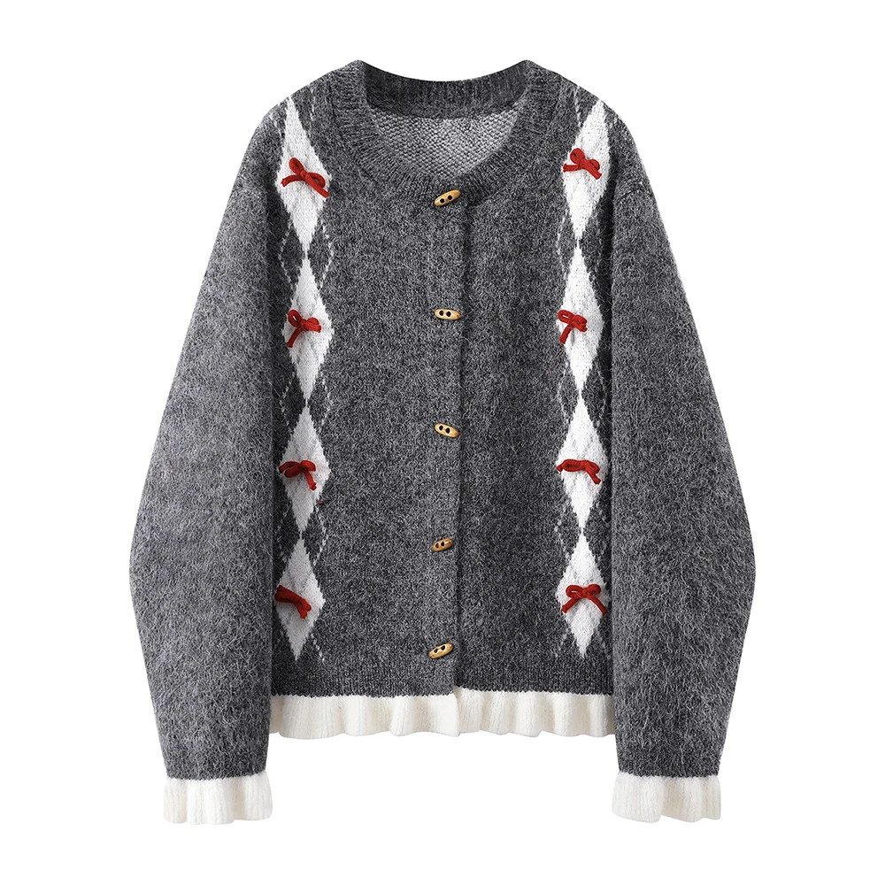 

Women Bow Knit Cardigan Sweater Loose Casual Color Block Long Sleeve Button Up Soft Knit Top for Fall Winter