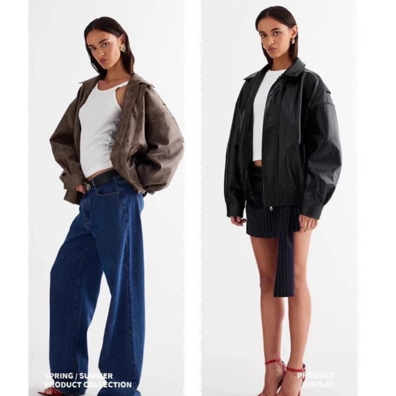 

Lioness Vintage Streetwear Biker Jacket Slim-Fit Distressed Short Leather Jacket Women