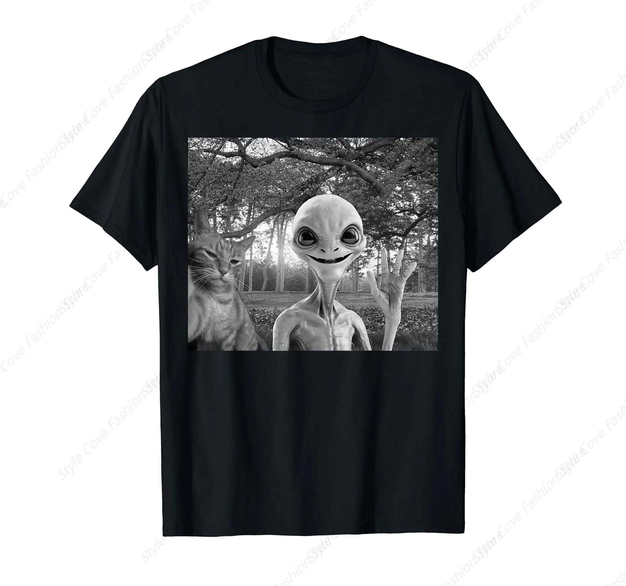 With Aline UFO Cat Selfie Meme T-Shirt Men's Pure Cotton T-shirt Summer Comfortable Tee Fashionable Short Sleeved T-shirt