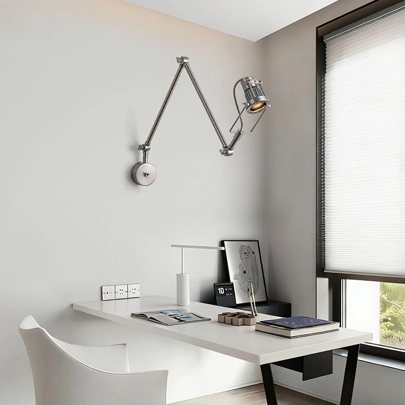 Bauhaus Industrial Style Long Pole Rocker Arm Wall Lamp ON/OFF Switch Study Bedroom Bedside Reading Wall Light Adjustable Joint