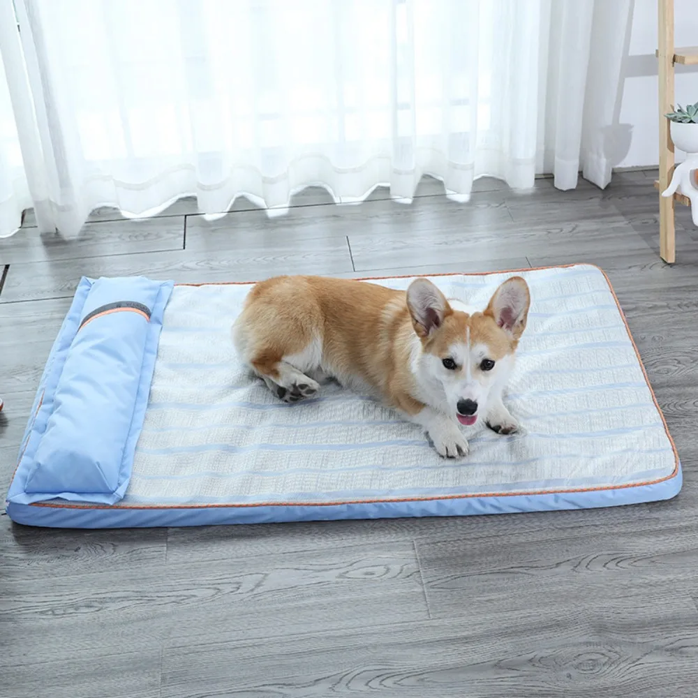 

Puppy Mat Soft Pet Cool Mattress Removable Washable Summer Dog Bed with Pillow Breathable Cats Cooling Pad Indoor