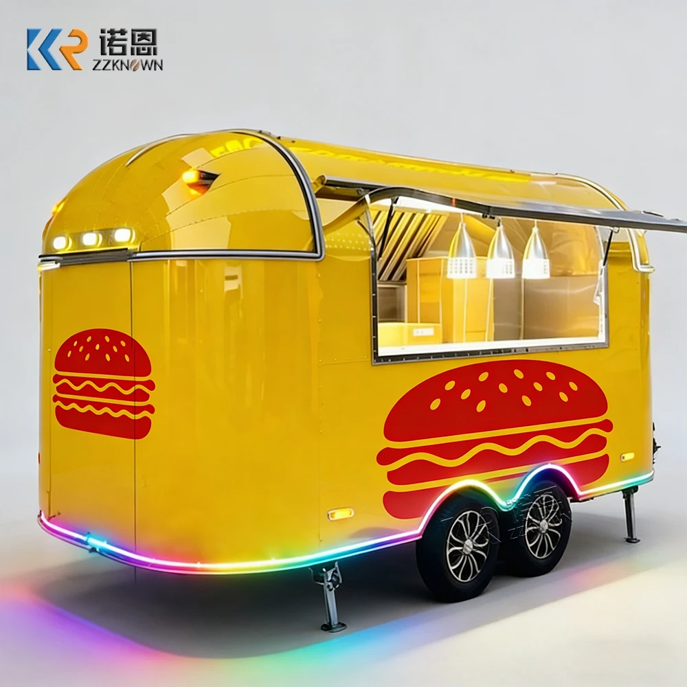 

Customized Commercial Food Truck Mirror Polished Mobile Kitchen with Refrigerator And Worktable for Street Food Business
