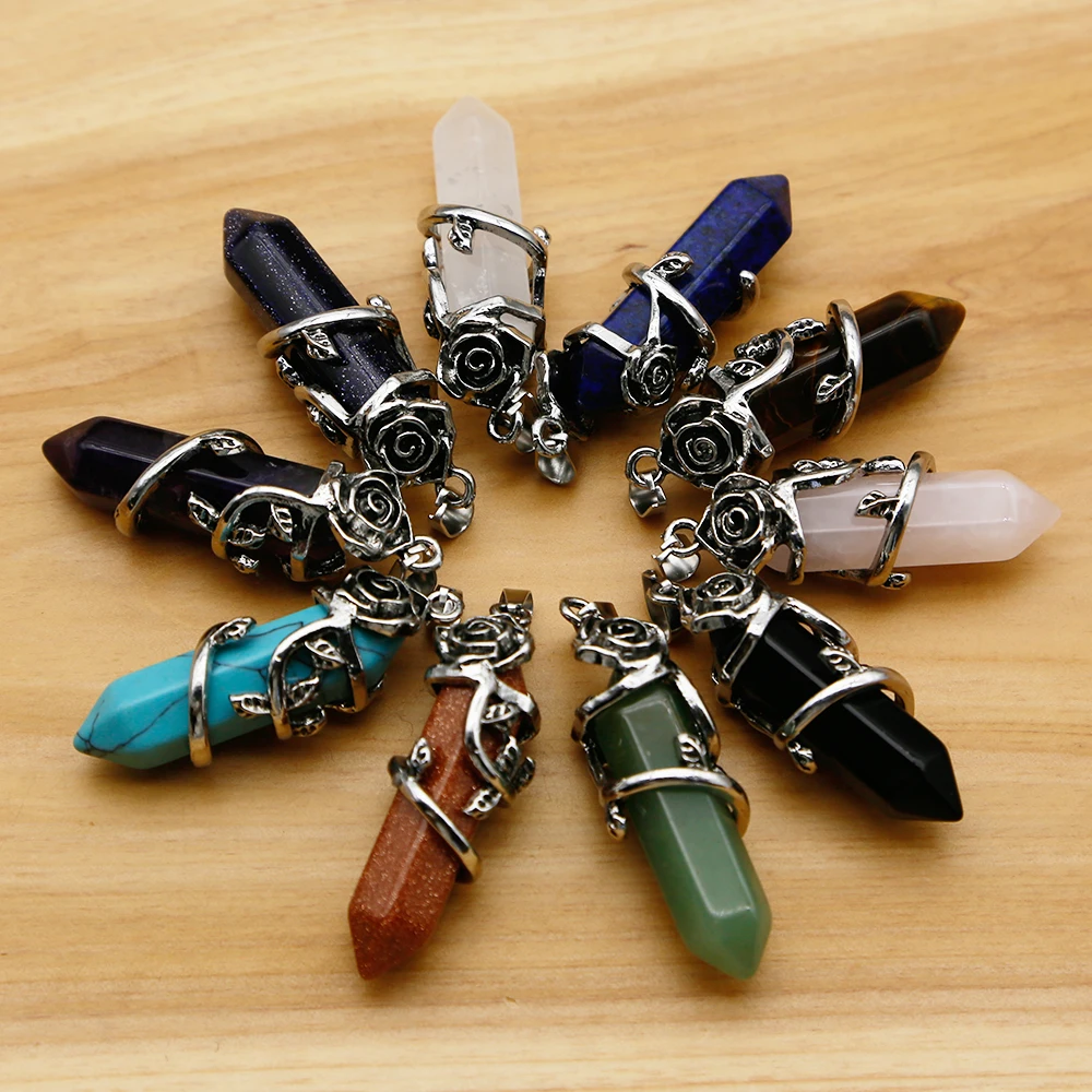 

Free Shipping Natural Crystal Gem Hexagram Ancient Silver Rose Pendant Necklaces DIY Fashion Jewelry Accessories Wholesale 5Pcs