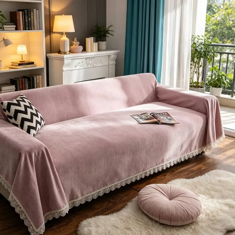 Solid Color Chenille Full Sofa Throw, Lace Edge Luxury Soft Cover, Dustproof Anti-scratch for Old Sofa Renovation Decor
