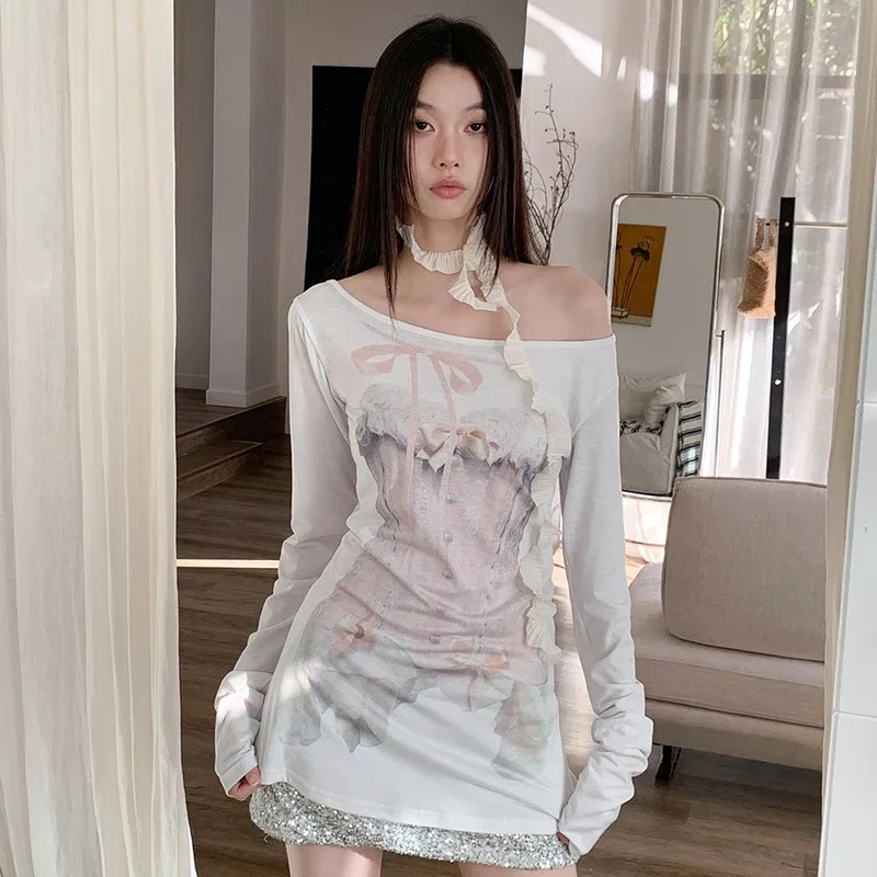 Tonngirls Harajuku Print Graphic Tops Women Off Shoulder Y2k Vintage T Shirt Streetwear Korean Style Casual Loose Tee Tops 2000s