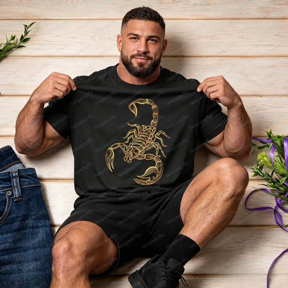 Men's Summer Short Sleeve T-Shirt Fashion Golden Scorpion Graphic Crew Neck Casual Tee Trendy Daily Wear Streetwear Tops for Men