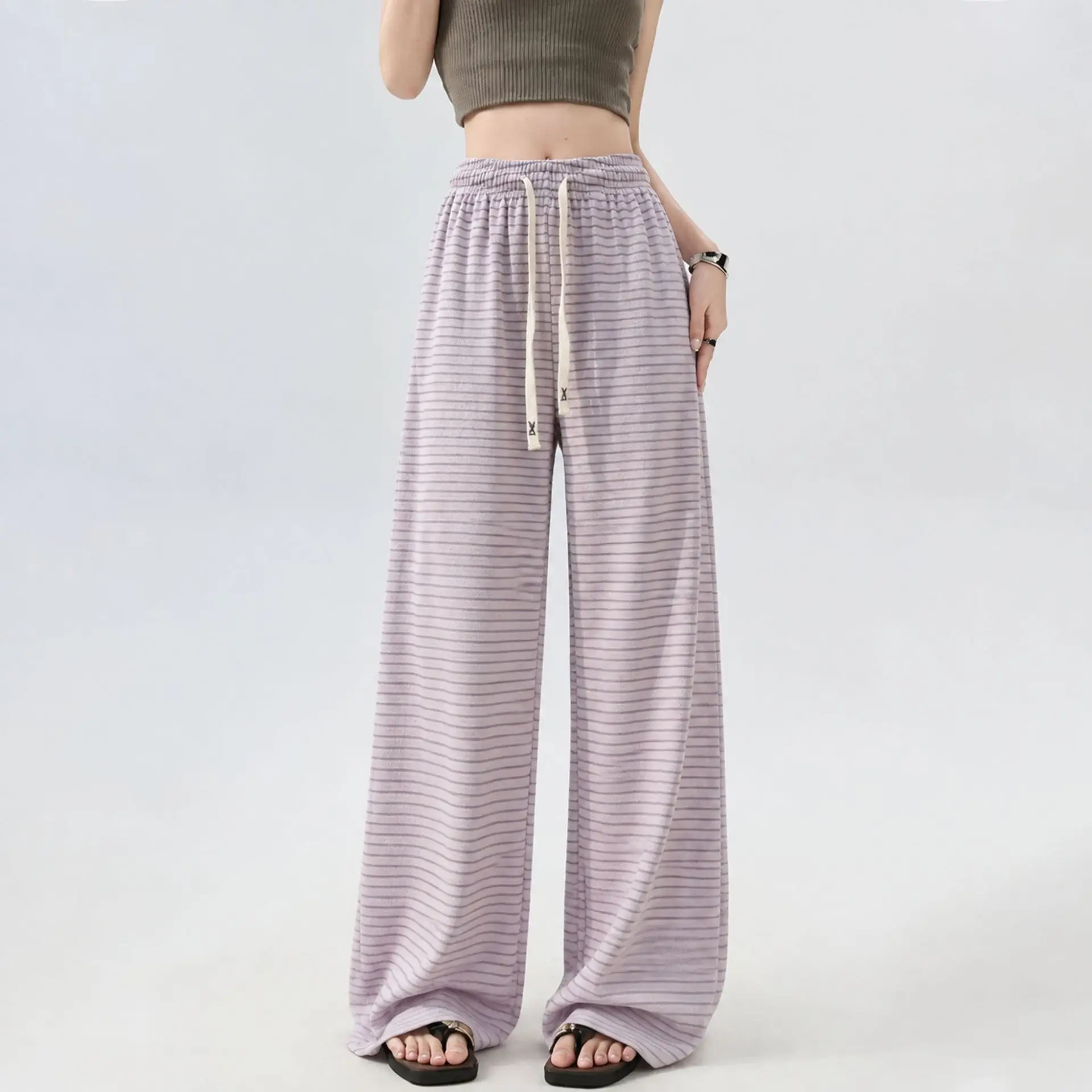 Women Winter Fleece Lined Striped Wide Leg Trousers High Waist Straight Loose Draping Slim Fit Sweatpants