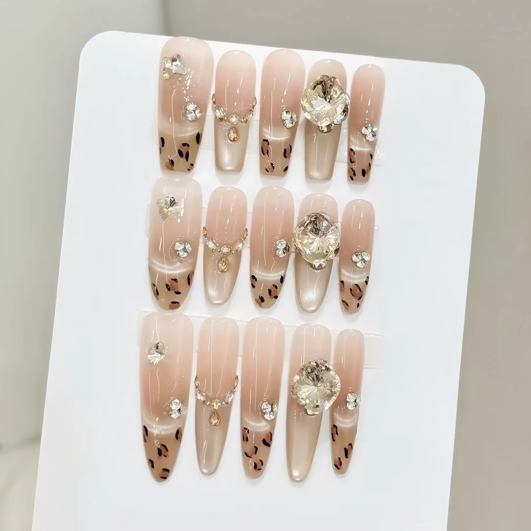 

10 шт. Накладные ногти ручной работы с золотым покрытием и эффектом кошачьего глаза, французский дизайн с кленовым и леопардовым принтом