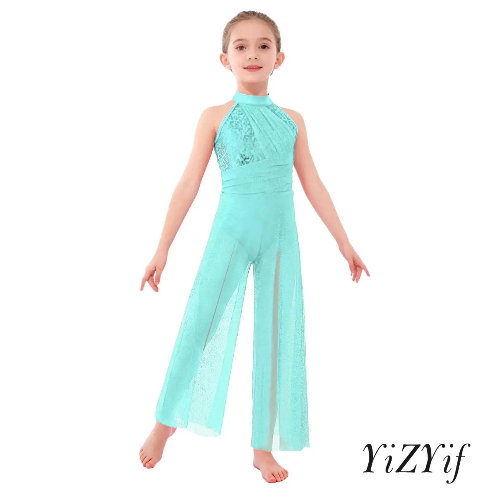 

Kids Girls Lyrical Modern Dance Jumpsuit Jazz Dance Outfit Sleeveless Shiny Sequins Bodice Shimmery Mesh Split Wide-Leg Bodysuit
