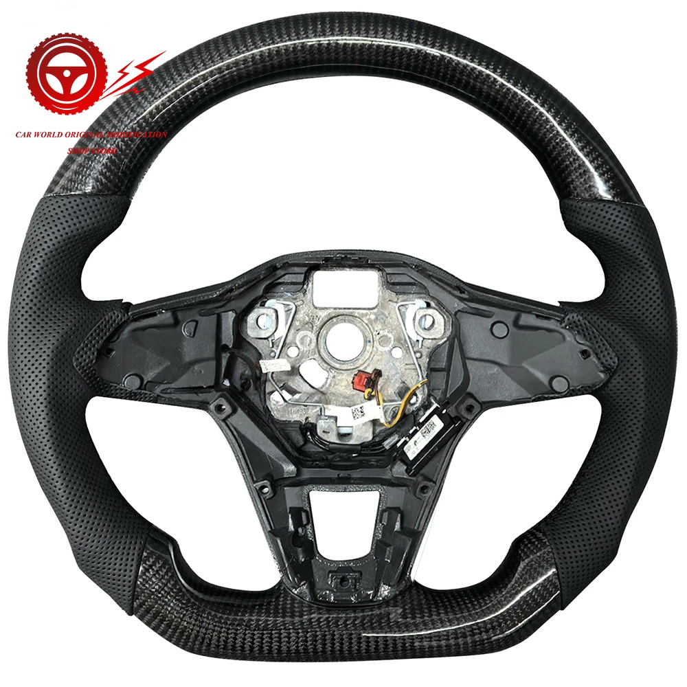 Carbon Fiber Semi Perforated Leather Multifunctional Flat Bottomed Sports Steering Wheel With Heating, For VW GOLF MK8 CC GTI