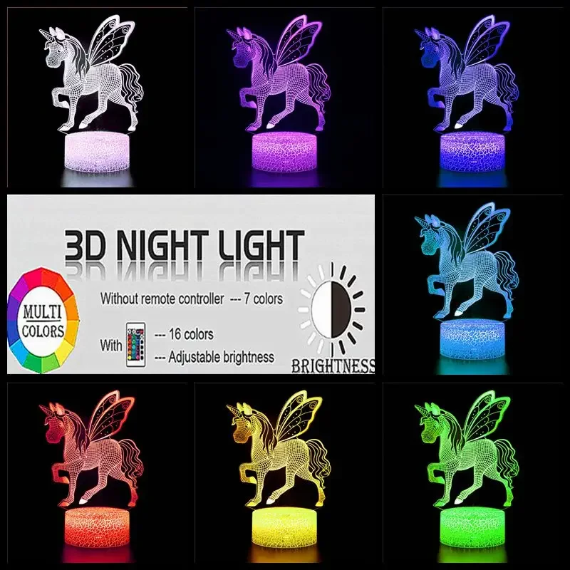 3D Unicorn Night Light LED Table Lamp USB Wall Lamp Christmas Birthday Gift