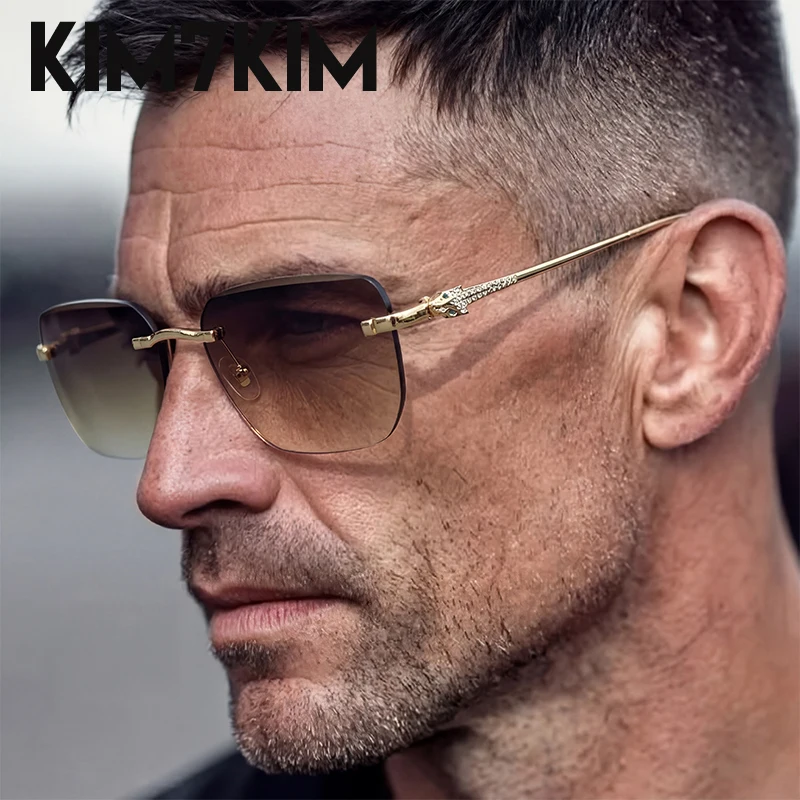 

Rimless Photochromic Sunglasses Men Vintage Square Gradient Glasses Gold Metal Leopard Head Rhinestone Designer Driving Eyewear