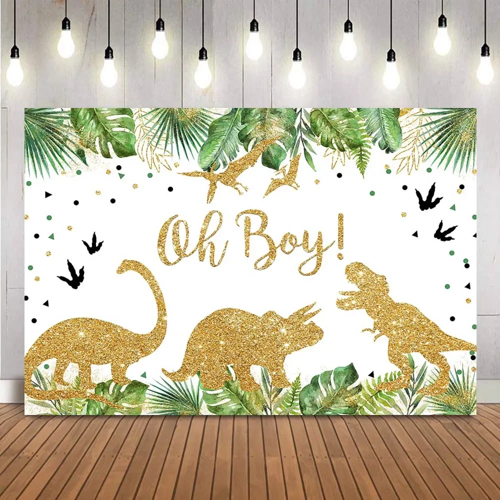 Woodland Baby Shower Disonaur Theme Baby Shower Party Decoration Safari Jungle Gold Glitter background green leaves photocall